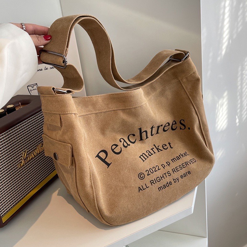 Túi tote đeo chéo nam nữ cỡ lớn có khóa kéo vải canvas phong cách Nhật Bản đi học đi chơi đựng vừa sách khổ khổ a4