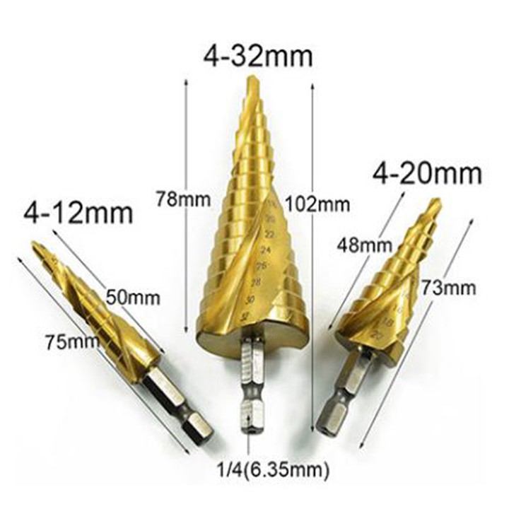 Mũi Khoan Tháp Khoan SẮT INOX Đa Năng Chân Lục Giác Titan Dùng Khoét Lỗ Bước Bậc Thang 4-32mm
