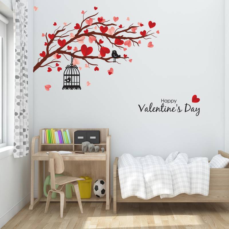 Màu đỏ tình yêu Cây cành chim Chim không thấm nước dán tường phòng khách Phòng ngủ Ngày Valentine Tình yêu Bird Beauty Trang trí dán tường