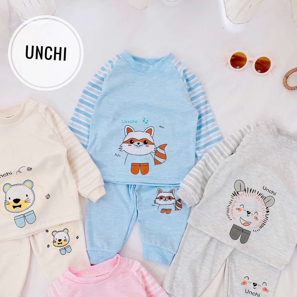 Bộ cotton nỉ Unchi dày dặn tay kẻ hình thú cổ 3p cho bé sơ sinh - 14kg SABOMART