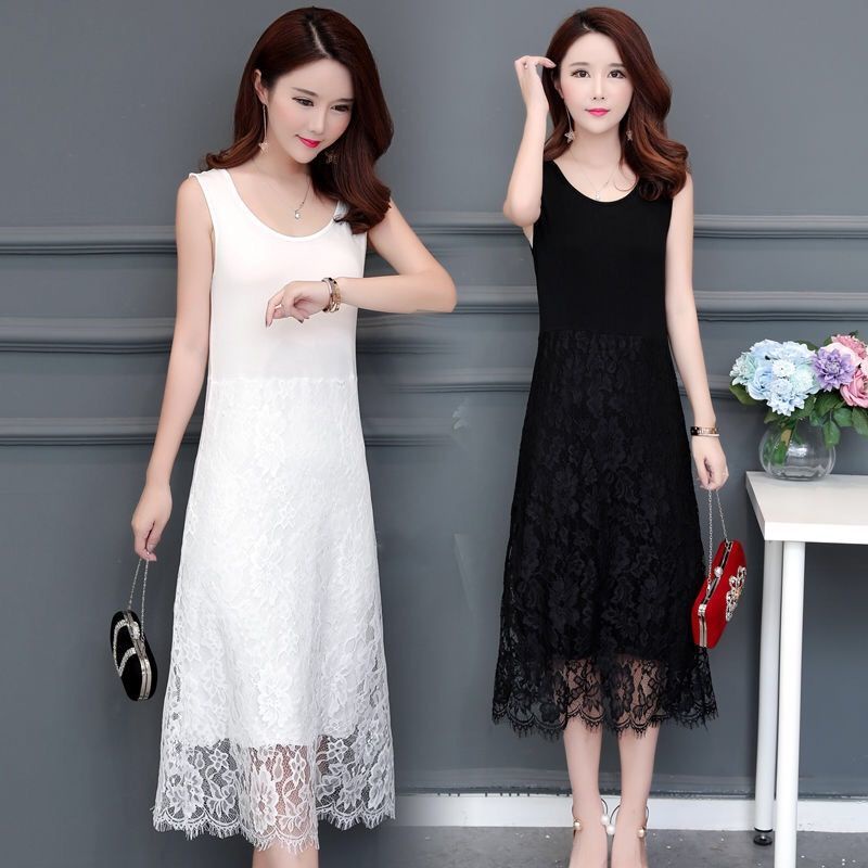 Đầm Sát Nách Phối Ren Màu Trắng Đen Thanh Lịch