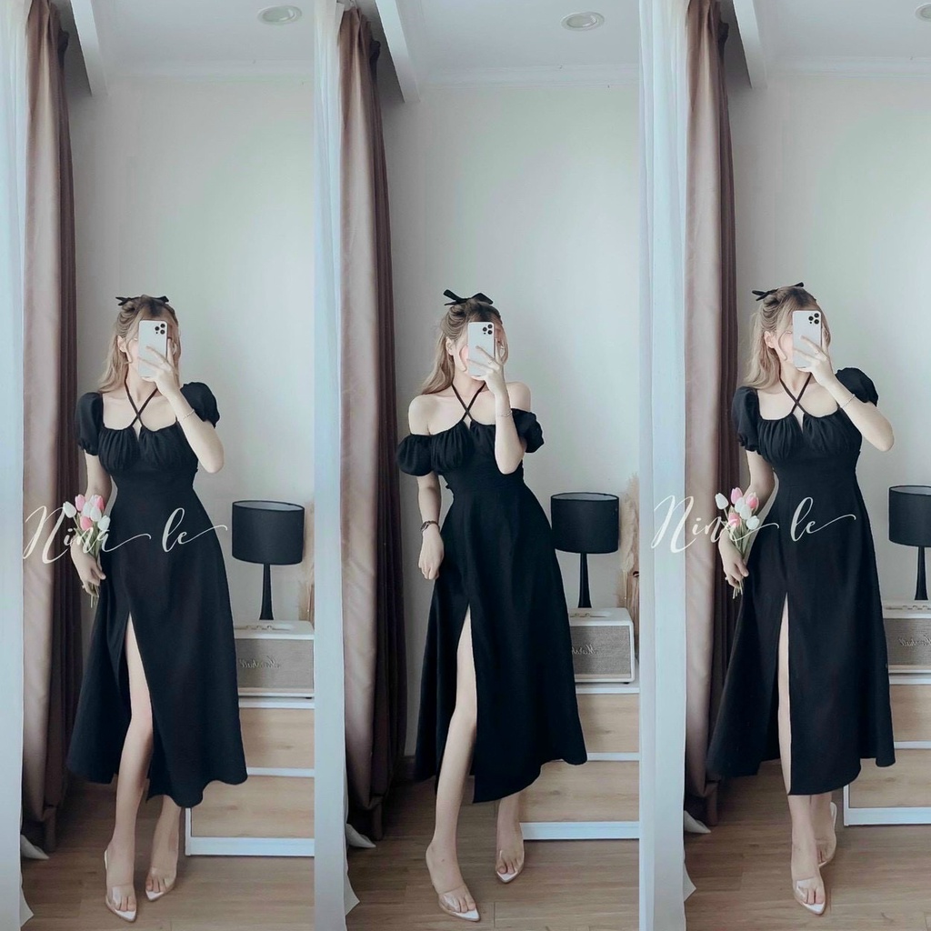 Đầm nữ cổ yếm tay cột nơ mặc 2 kiểu như hình ( có mút ngực ) sang trọng, thanh lịch thời trang nữ