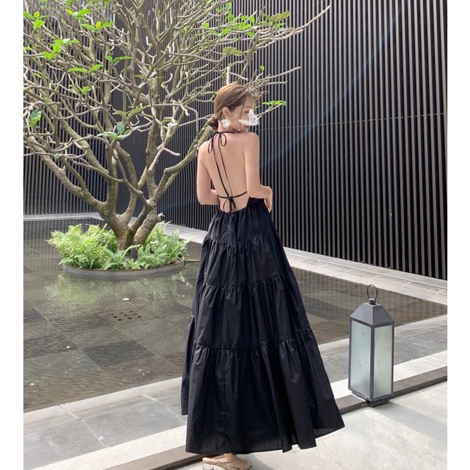Đầm Maxi hai dây hở lưng xòe đi biển màu đen HDC91 Hỉn Hỉn Store