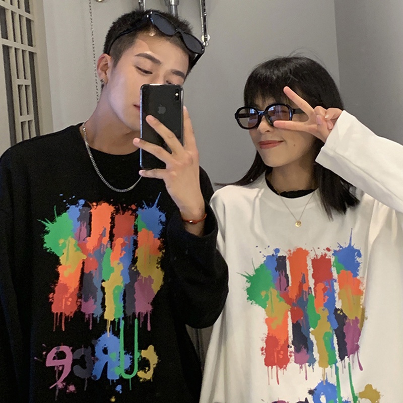 Áo thun tay dài dáng rộng in họa tiết graffiti phong cách đường phố kiểu Hàn năng động cho nam M-5XL