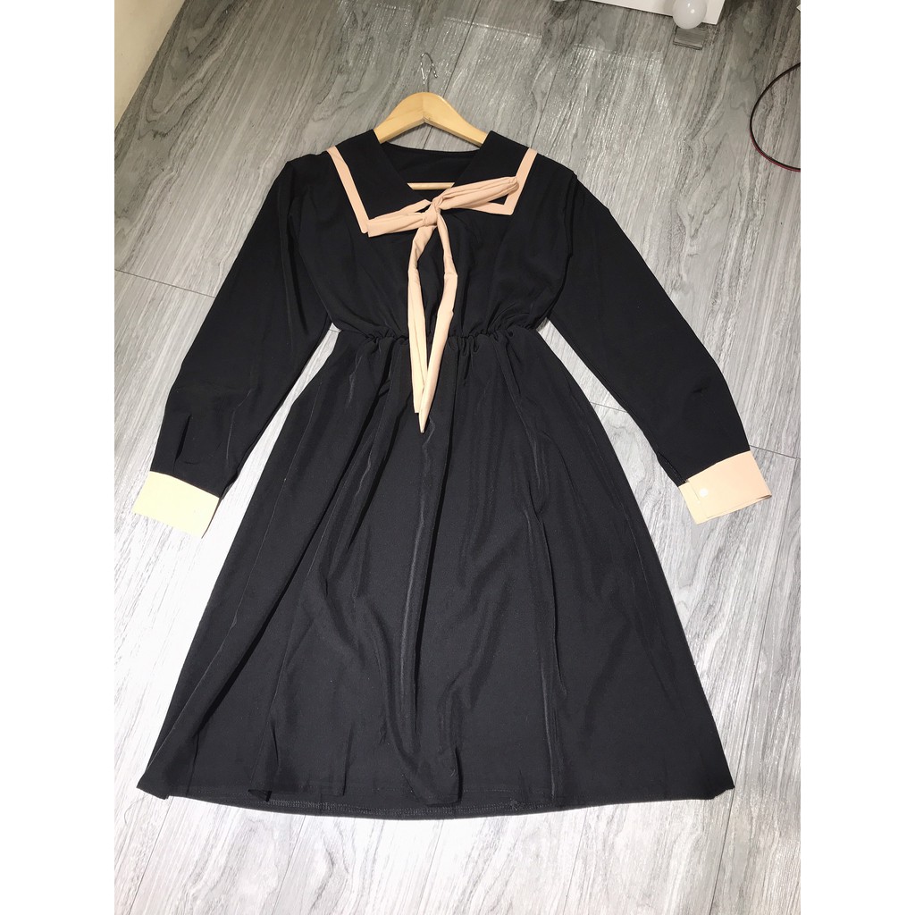 Váy babydoll nữ cổ bẻ phối nơ dáng suông phong cách vintage dễ thương/ Đầm thu đông dáng dài qua gối ulzzang trẻ trung