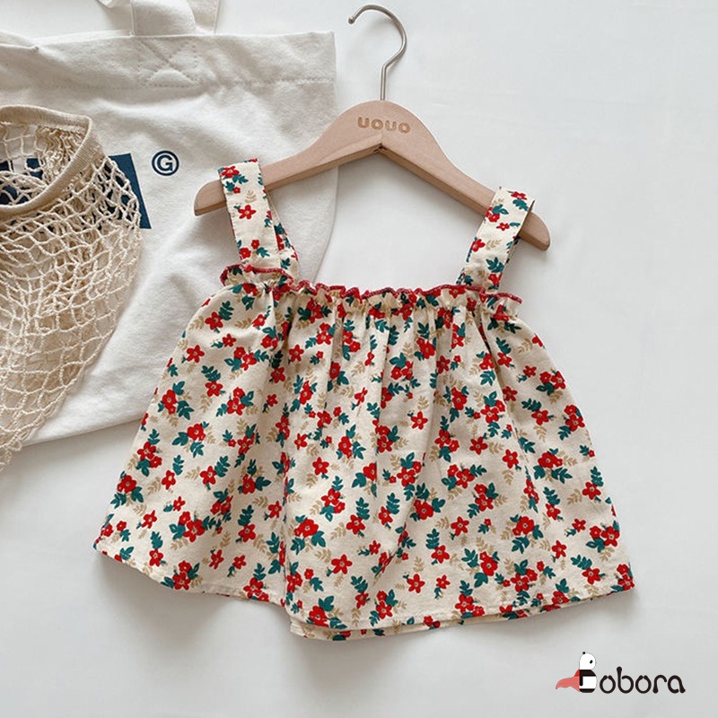 Bobora Set Áo Hai Dây Họa Tiết Hoa Và Quần Dài Phong Cách Hàn Quốc Cho Bé Gái