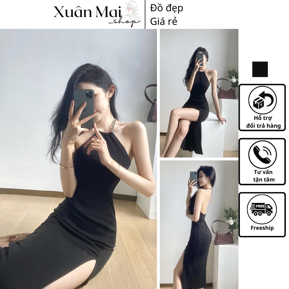 Đầm ôm body nữ cổ yếm xích xẻ đùi hở lưng gợi cảm hàng thiết kế siêu xinh