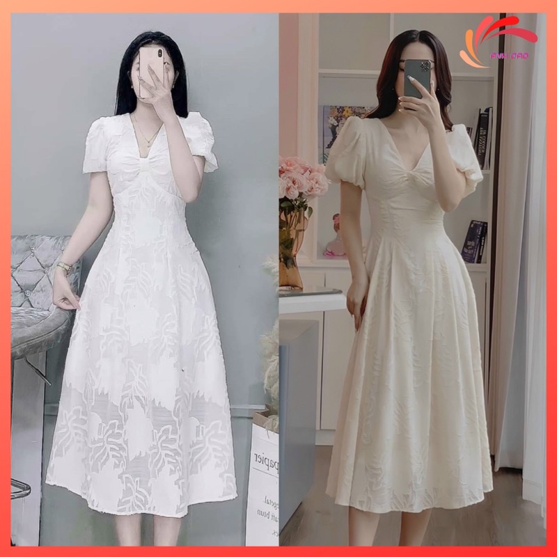 Váy Nữ Thiết Kế Tay Phồng Nhíu Ngực Dự Tiệc Chất Ren Hoa Nổi Size S M L V220 AĐ BOUTIQUE