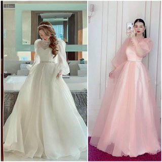 Đầm váy dạ hội, cô dâu đi bàn tay phồng, cổ kết hoa, thắt dây eo dễ thương