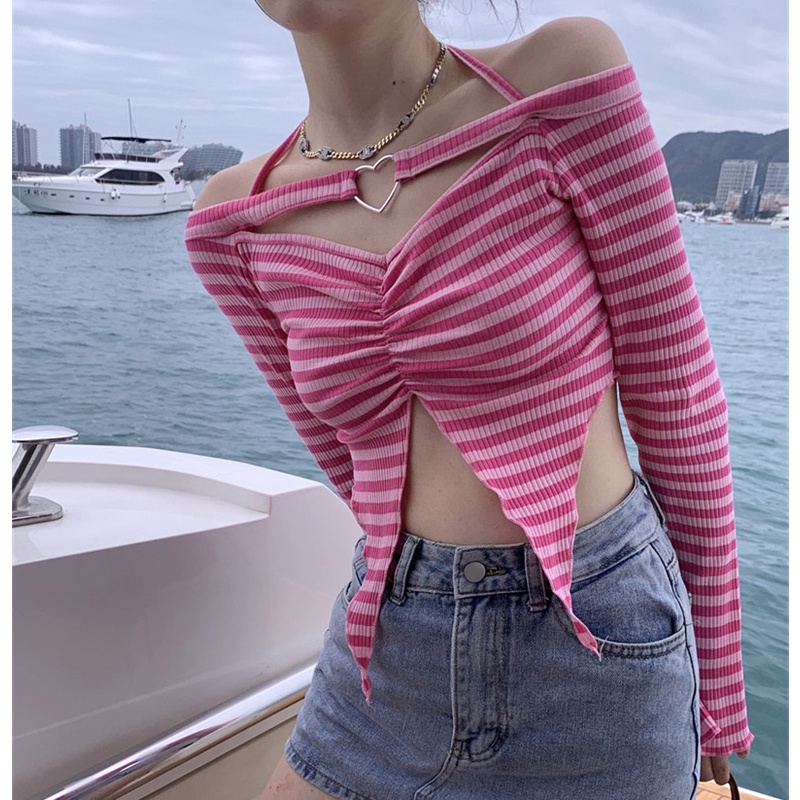 Áo Thun Tay Dài Cổ Yếm Họa Tiết Kẻ Sọc Thời Trang Quyến Rũ Cho Nữ