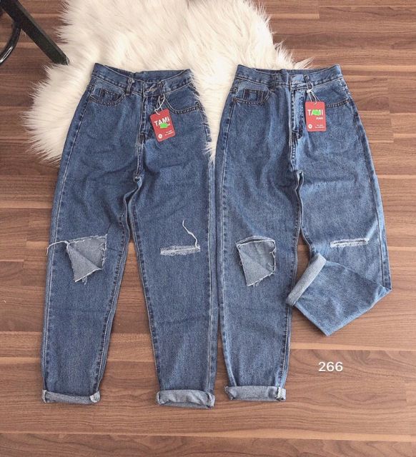 Quần baggy jeans đậm rách xẻ đùi gấp ulzzang