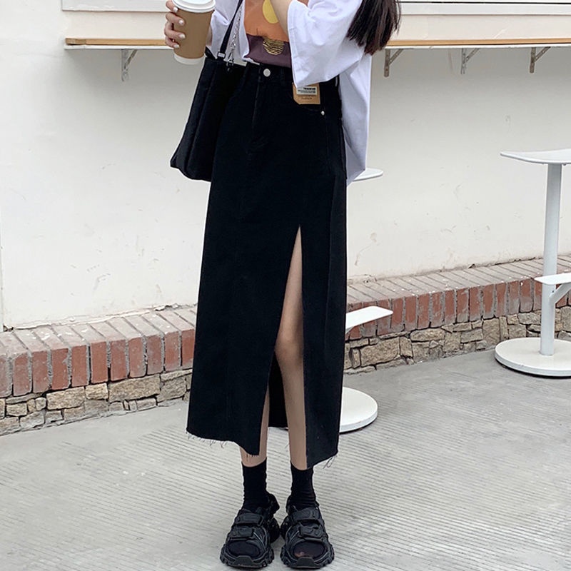 Jiashucheng Influencer Plus Size Chân Váy Denim Xẻ Tà Bên Hông Lưng Cao Vừa Nhỏ Phong Cách Mới 2021