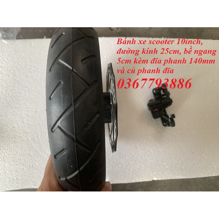 Bánh xe scooter 10ich kèm phanh đĩa 140mm và củ phanh đĩa chế xe điện