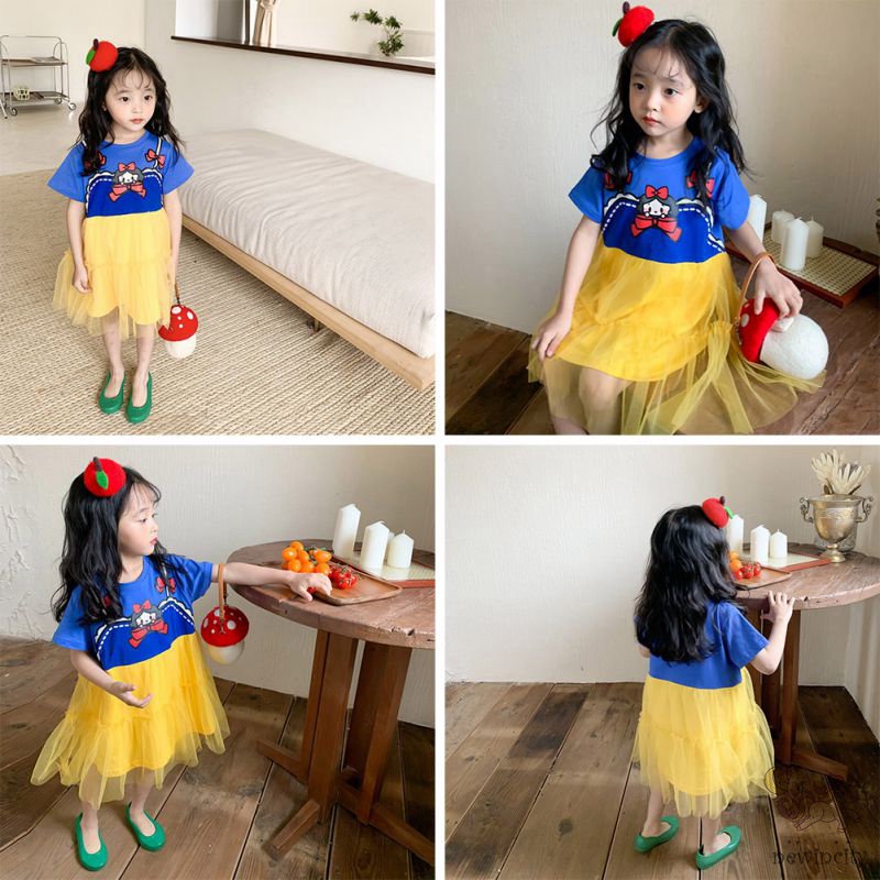 Đầm Cotton Ngắn Tay In Họa Tiết Hoạt Hình Thời Trang Mùa Hè Hàn Quốc Cho Bé Gái