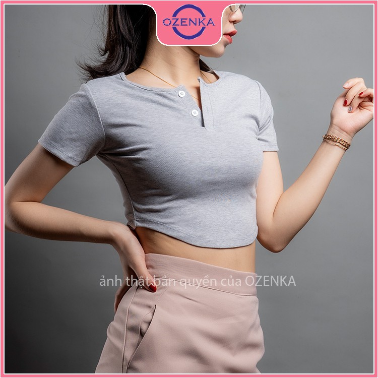 Áo croptop nữ cổ tròn khoét eo OZENKA , áo thun nữ kiểu crt ôm body tay ngắn thun gân 100% cotton màu đen trắng ghi hồng