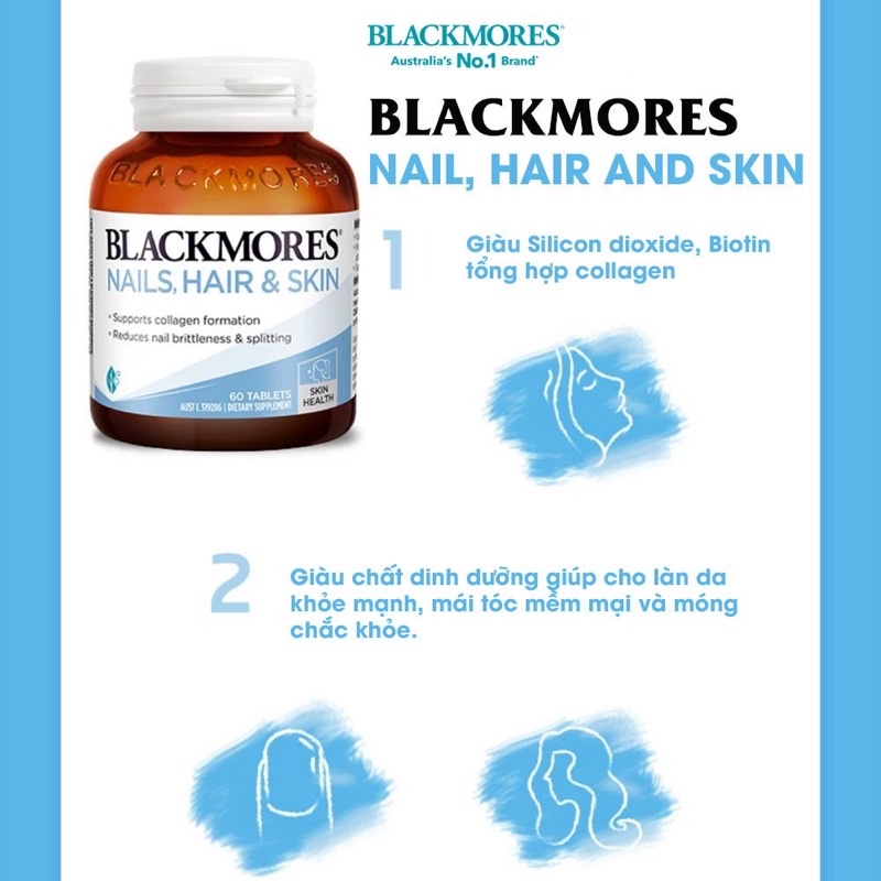 Viên uống đẹp da, móng, tóc - Blackmores Nails, Hair &amp; Skin lọ 60 viên