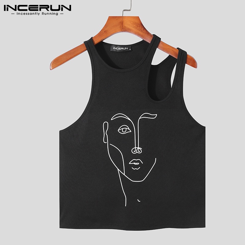 Áo thun INCERUN thiết kế bất đối xứng không tay họa tiết in dáng ôm cho nam