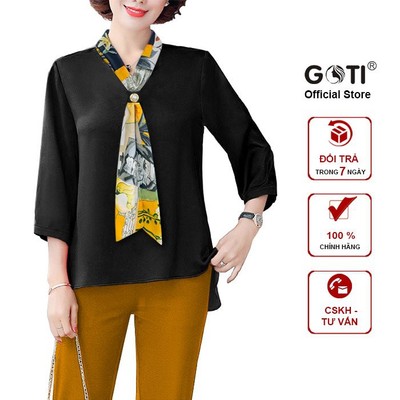 GOTI - Áo Kiểu Trung Niên U50-60 Size Lớn Cổ Khăn Cột Nơ Dáng Suông Phối Họa Tiết Dành Tặng Mẹ 3A23 3A17