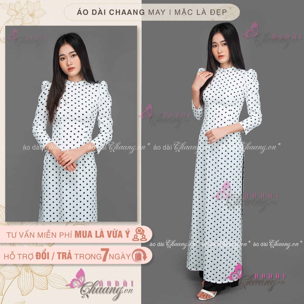Áo Dài Trắng Truyền Thống Chấm Bi Vai Bồng May Sẵn Lụa Thái Cổ Vuông Đẹp ChaangBi09