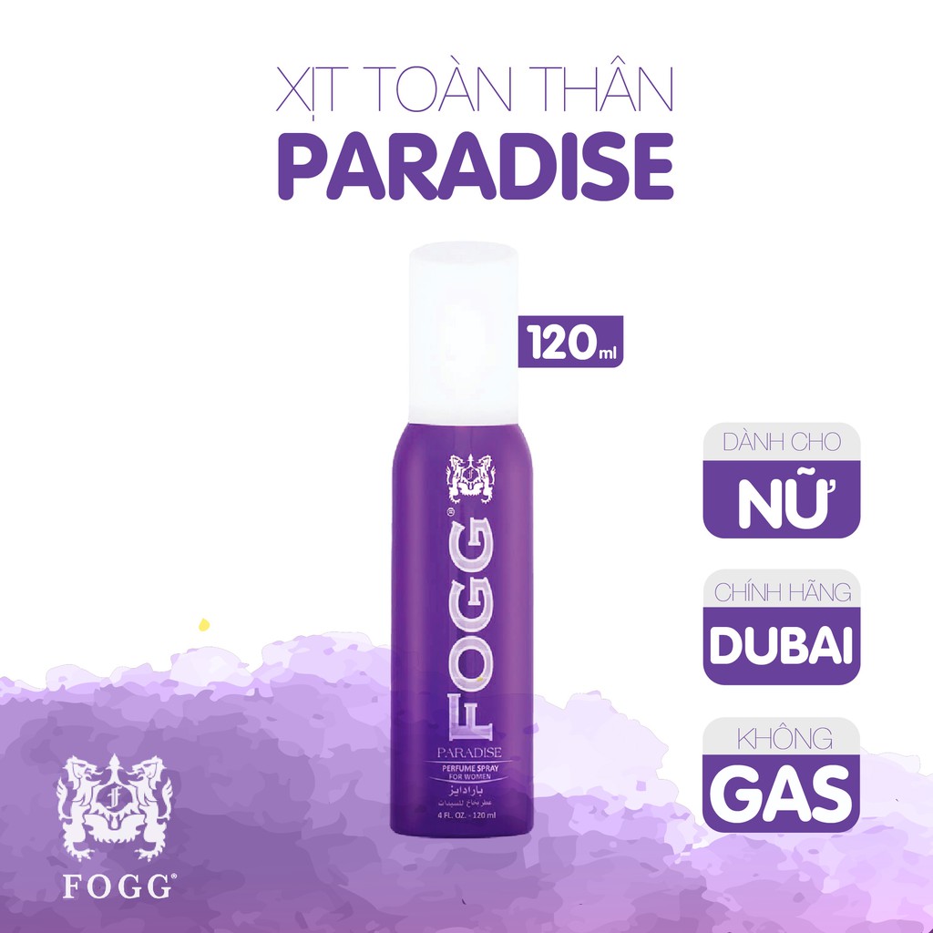 Xịt toàn thân nước hoa FOGG Paradised dùng để khử mùi,tạo mùi thơm,dùng được cho cả nam và nữ,lưu hương lâu đến 8 tiếng