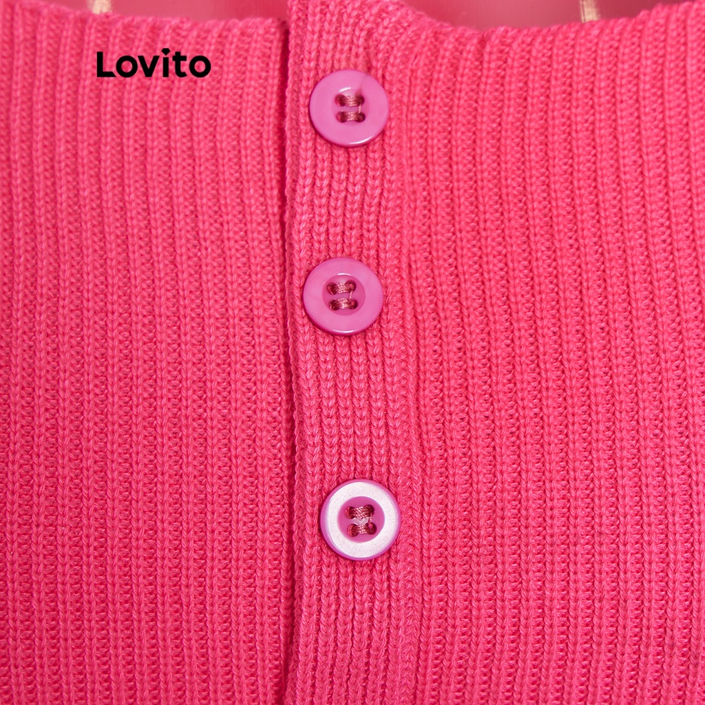 Lovito Dễ thương cổ vuông trơn cơ bản Phụ nữ dệt kim hàng đầu L33AD125 (Hot Pink / Black)