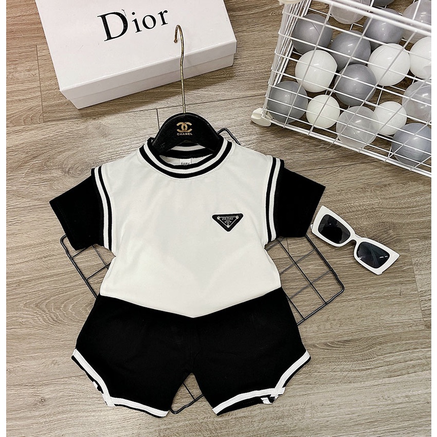 Bộ Quần Áo Cộc Tay PRDAY Đen Trắng Vải Cotton Thoáng Mát Cho Bé Từ 7-20kg Mã CT20