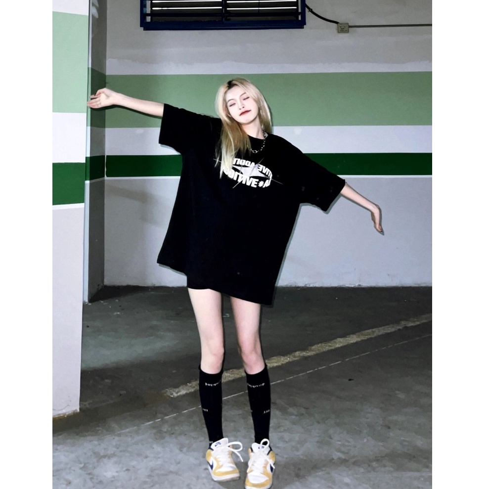 FOCUS Áo phông unisex fashion vintage 3D letter printing đen bigsize áo thun form rộng 100% cotton