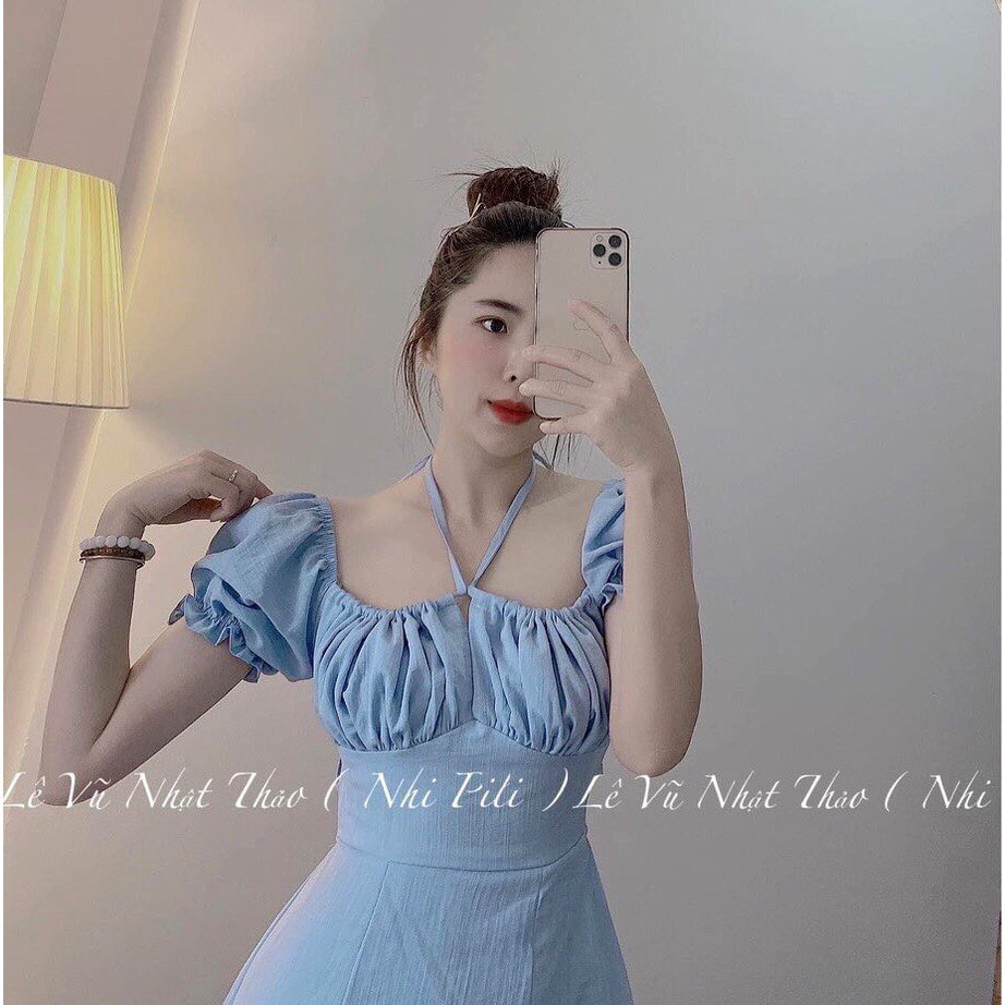 Váy đầm nữ  dáng maxi đũi xước xanh dương xẻ tà chun lưng đi biển freesize nhún ngực iêu dễ thương