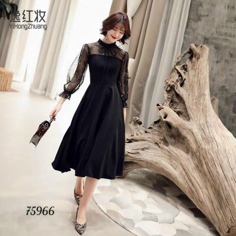 < size M, L, XL > Đầm nữ dáng xòe chất thun umi phối tay voan gắn sao kim tuyến.  mịn, co giãn tốt, không nhăn.