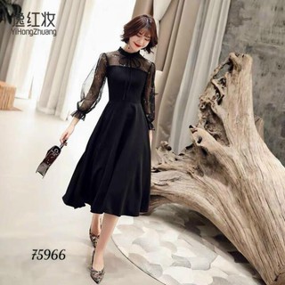 Đầm nữ xòe chữ A chất thun Umi phối tay voan gắn sao kim tuyến