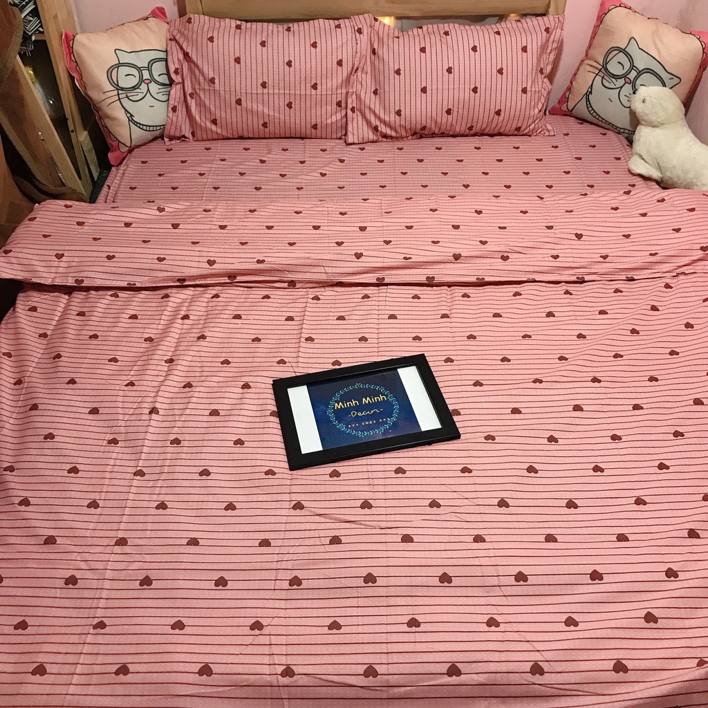 set chăn ga gối tim hồng (ảnh thật)