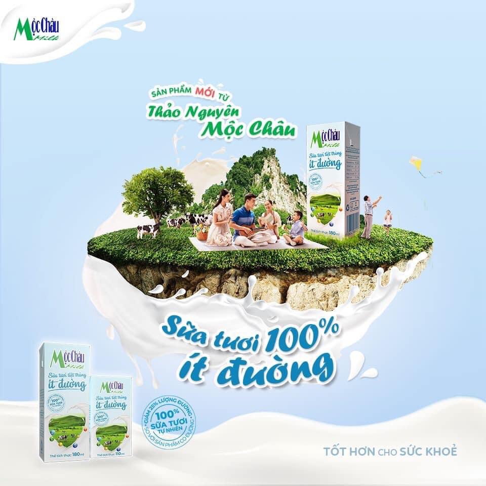 (Vỉ 4 hộp 110 ml)Sữa tươi ít đường Mộc Châu
