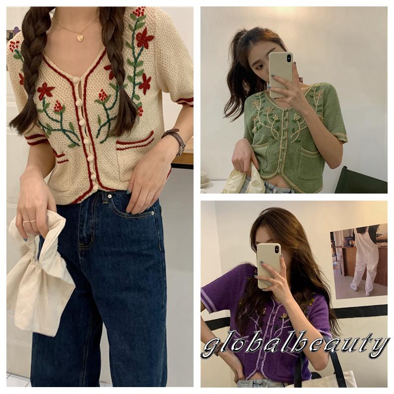 Áo Cardigan Tay Ngắn Cổ Chữ V Thêu Họa Tiết Thời Trang Cho Nữ