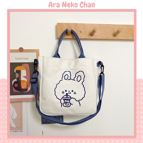 Túi Tote Đeo Chéo Nữ Cute Đi Học Đi Chơi Hình Gấu Dễ Thương Vải Canvas (Kèm Sticker gắn)