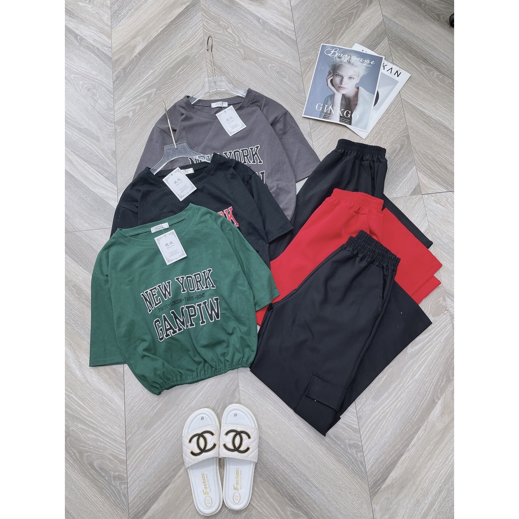 Bộ croptop 3 món quần túi hộp ống rộng LT156