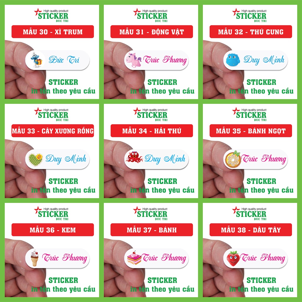 55 Sticker Miếng Dán Tem Tên Bé in theo yêu cầu  (Decal nhựa chống nước). M21-M40