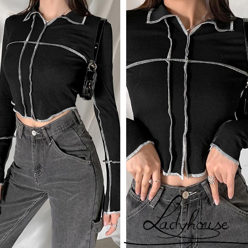 Áo Thun Tay Dài Cổ Bẻ Màu Đen Dáng Ôm Thời Trang Xuân Thu Dành Cho Nữ