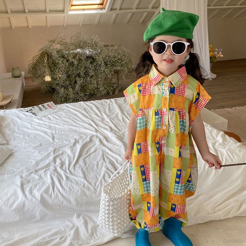 Bộ Áo Liền Quần Tay Ngắn Cổ Sơ Mi In Họa Tiết Caro Chất Liệu Thân Thiện Với Da Thoáng Khí Thời Trang Đi Biển Cho Bé Gái 3-8 Tuổi