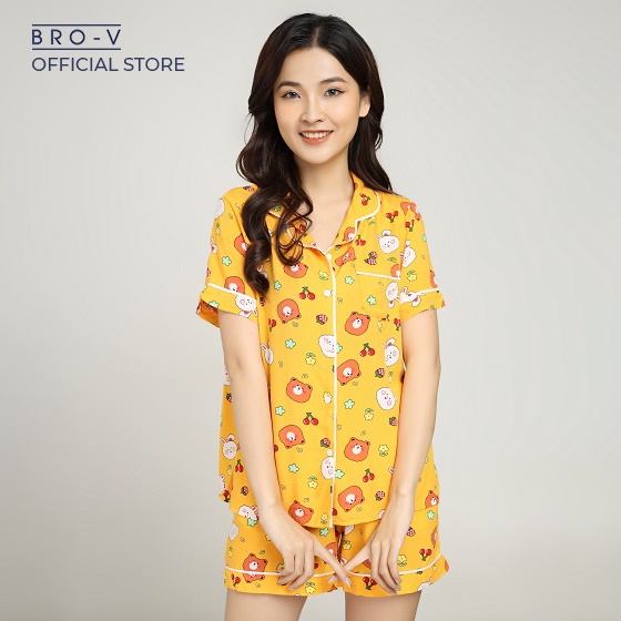 Bộ pijama lanh nữ mặc nhà quần đùi và áo cộc tay họa tiết Bro - V BBSW21050