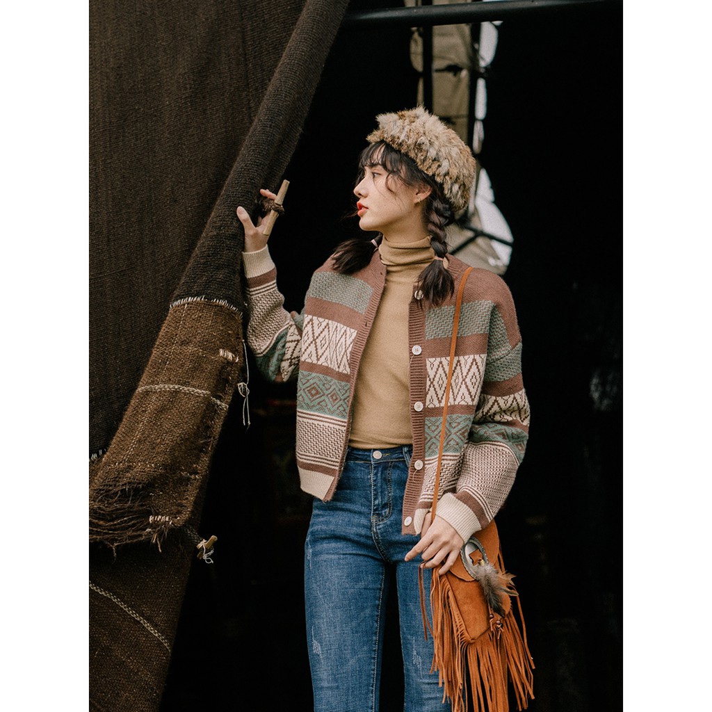ÁO CADIGAN LEN BOHO HỌA TIẾT MÀU NÂU TÂY RETRO