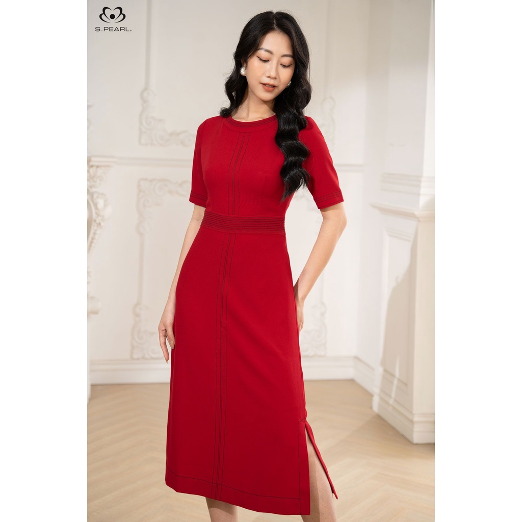 Đầm công sở liền thân thiết kế S.PEARL chất thô Hàn màu đỏ 21LF6892198