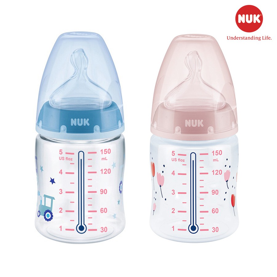 Bình sữa cảm biến nhiệt NUK nhựa PP cao cấp chuẩn EU núm ti silicone chỉnh nha 150ml, 300ml