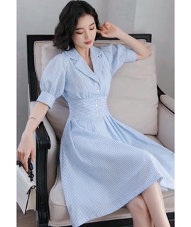 Đầm váy sơ mi sọc xanh bo eo (kèm hình thật)