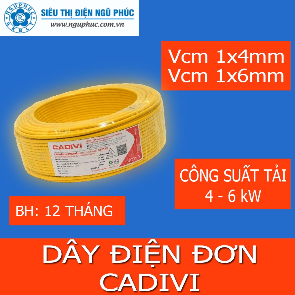 DÂY ĐIỆN ĐƠN CADIVI Vcm 4.0mm - 6.0mm SHOP bán lẻ theo Mét