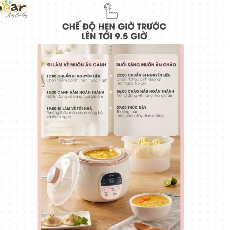 Nồi Bear 0.8L Nấu Cháo - Ninh - Hầm - Hấp - Chưng Cách Thủy (Bản Quốc Tế)