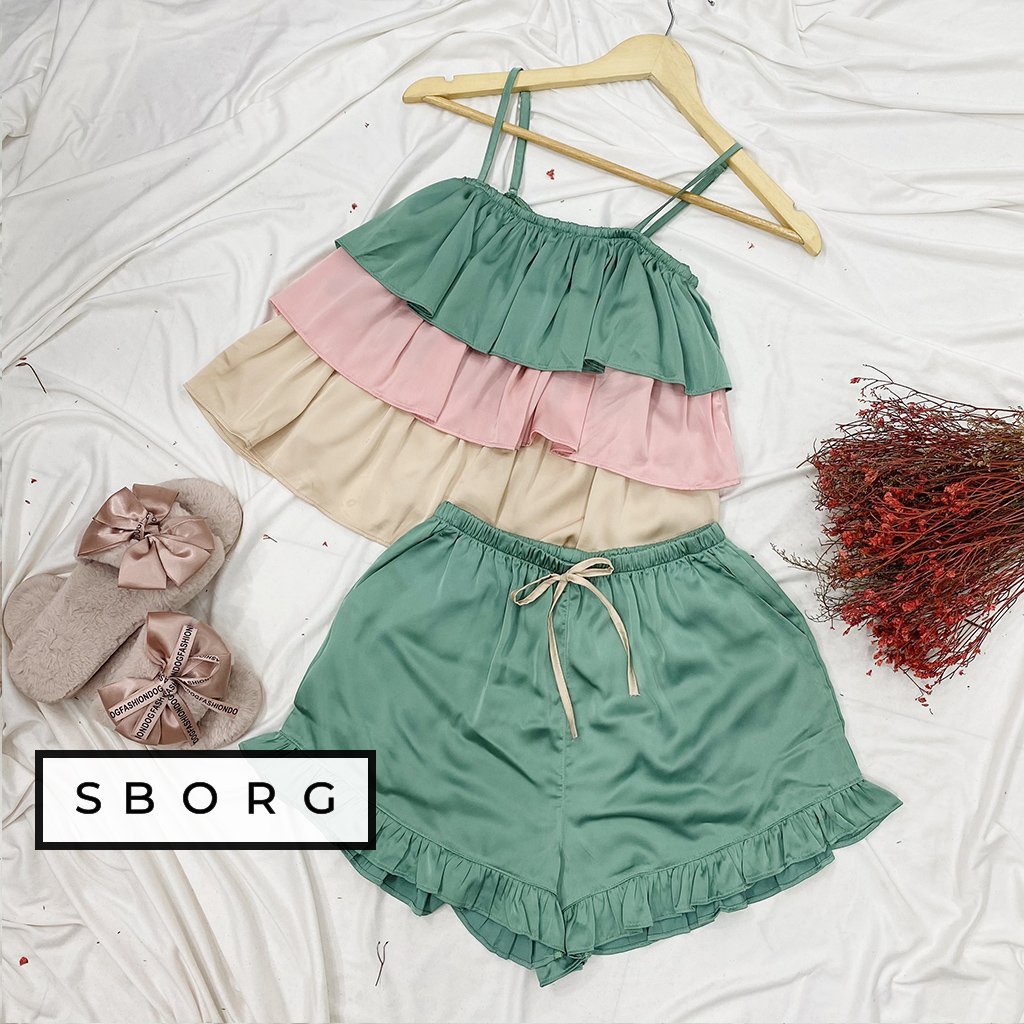 Bộ 2 dây mặc nhà SBORG bộ ngủ lụa latin áo 3 tầng mix màu dễ thương phối quần đùi viền bèo cute freesize dưới 60kg