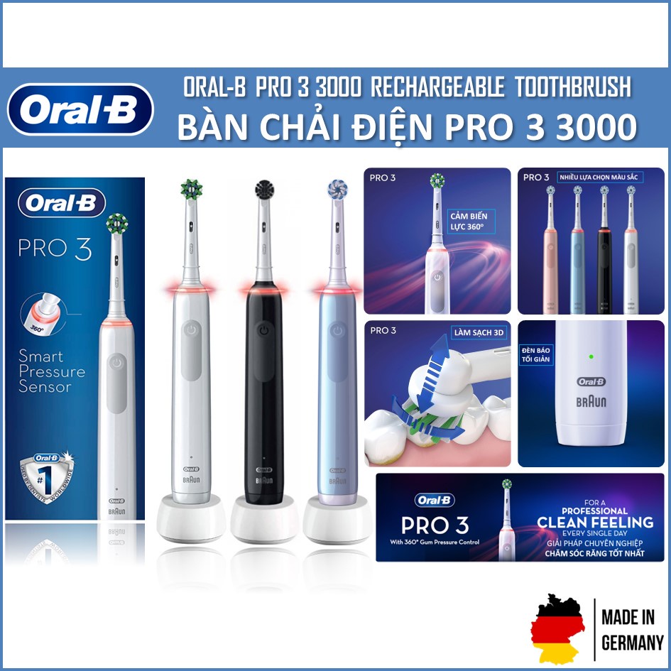 Bàn Chải Điện Oral-B Pro 3 3000 - Cảm Biến Lực 360 Độ, Pin Li-ion, Hẹn Giờ ProTimer, 3 Chế Độ Chải Răng, Made In Germany