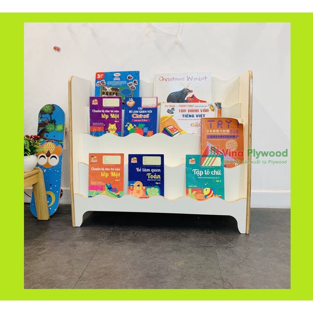 Giá sách montessori hai màu trắng và vân gỗ, giá sách hiện đại gỗ plywood phủ melamin an toàn với trẻ em
