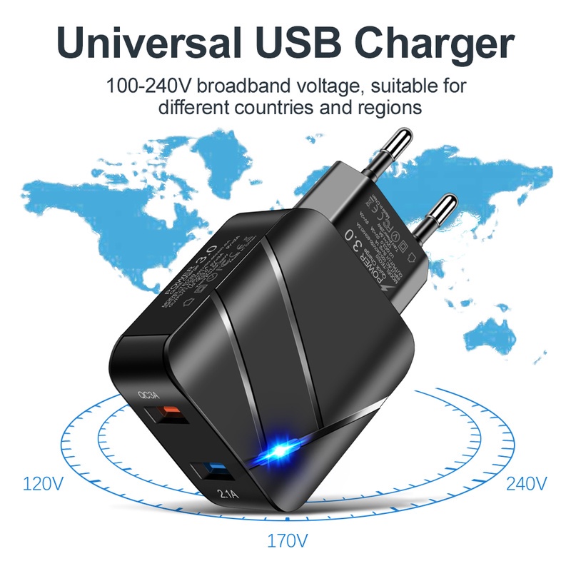 Củ Sạc Nhanh 28W Hai Cổng USB QC 3.0 Có 2 Cổng Cho Điện Thoại/Máy Tính Bảng