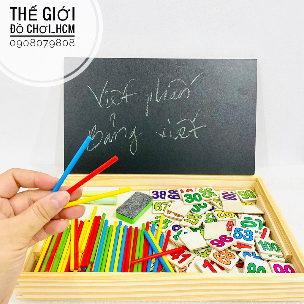 [VỪA HỌC- VỪA CHƠI] Bộ que tính học toán bằng gỗ có kèm thẻ số, bảng viết đen, phấn và đồ bôi thông minh giúp bé học tập